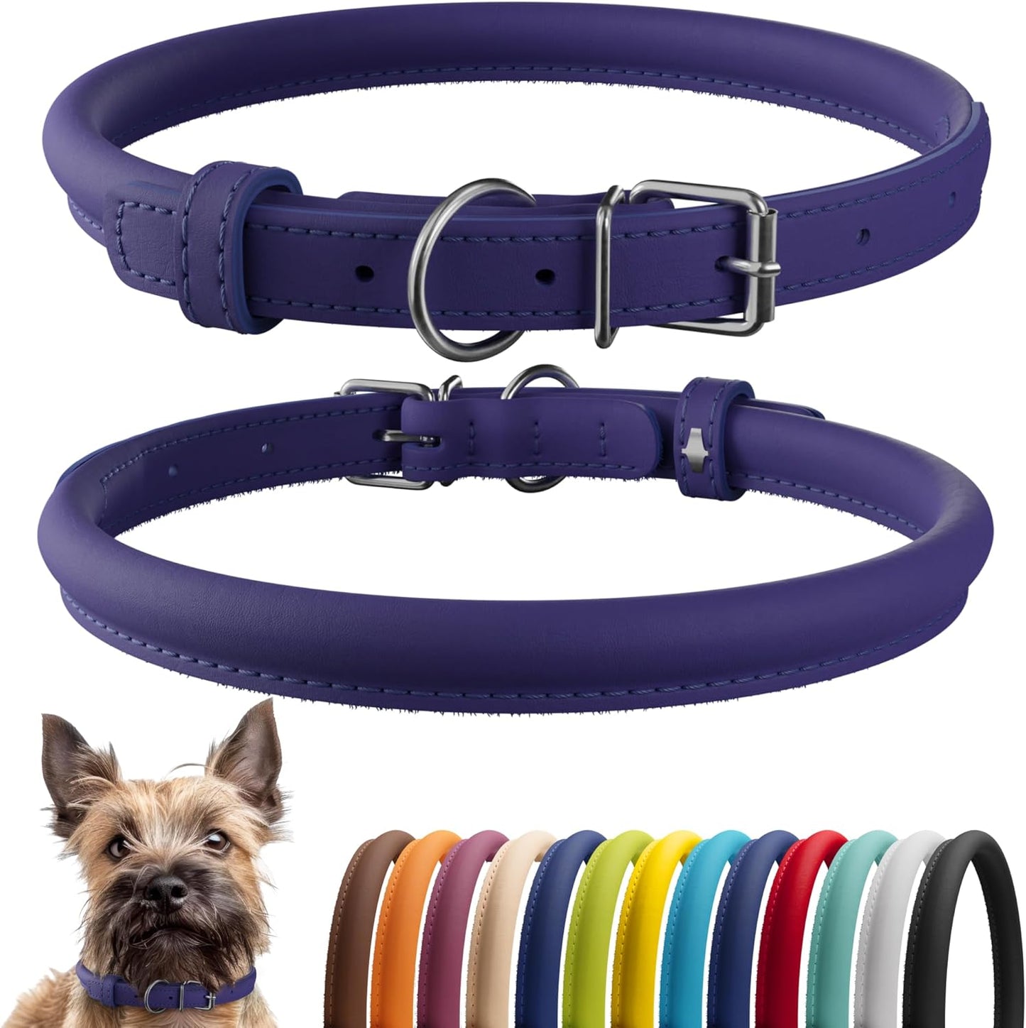 CollarDirect Rolled Leather Dog Collar, Soft Padded Round Puppy Collar, Handmade Genuine Leather Collar Dog Small Large Cat Collars 13 Colors (6 Inch, Purple Smooth)