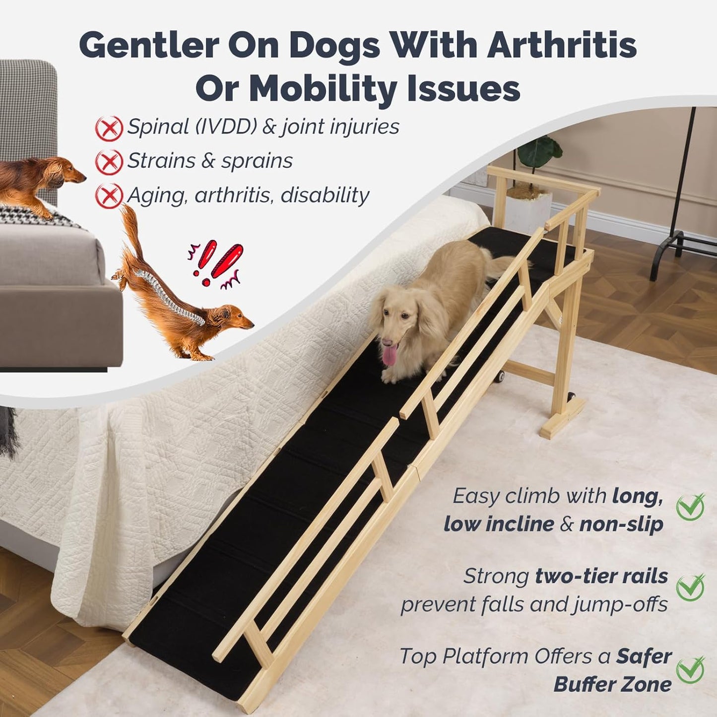 Dog Ramp for Bed or Couch, Wooden Pet Ramp with 20° Gentle Slope, Removable Side Rails, Non-Slip Surface, Top Platform & Wheels, Safe Bed Ramp for Small, Medium & Senior Dogs, 74" Long, Natural