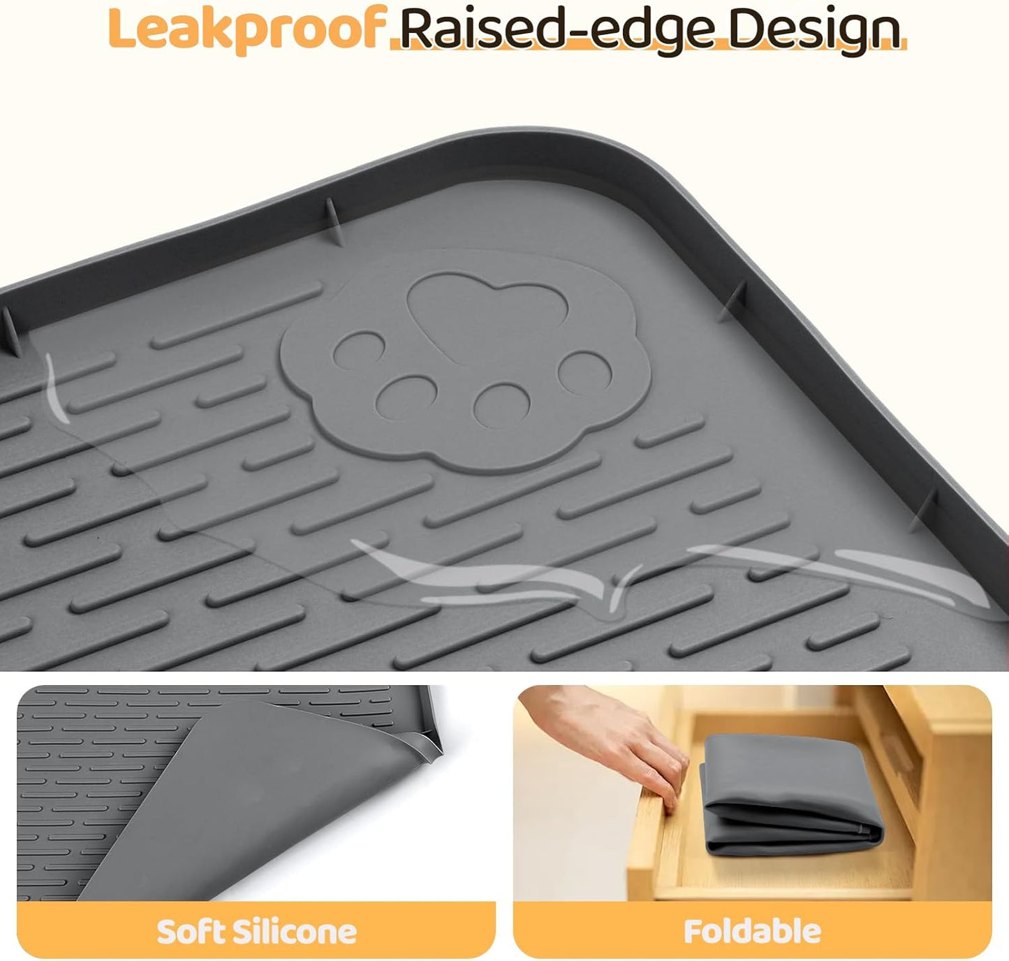 Dog Food Mat, Extra Large 40" x 28" Silicone Pet Feeding Mat with Raised Edge Pet Placemat for Small, Medium, and Large Pets Non-Slip, Easy to Clean (Dark Grey)