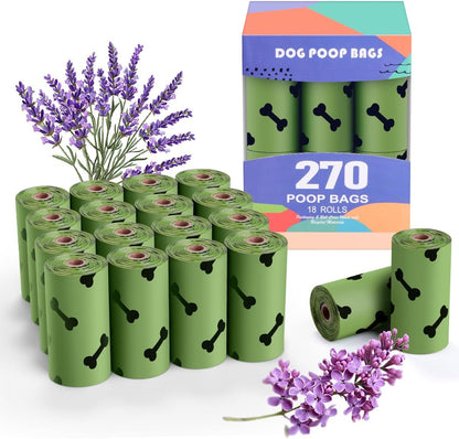 Green Dog Poo Bags Lavender scent - 270 Large Biodegradable Poop Bags, Extra Thicken Strong Corn Starch Blended Compostable Leak Proof Poop Waste Bag for Dogs