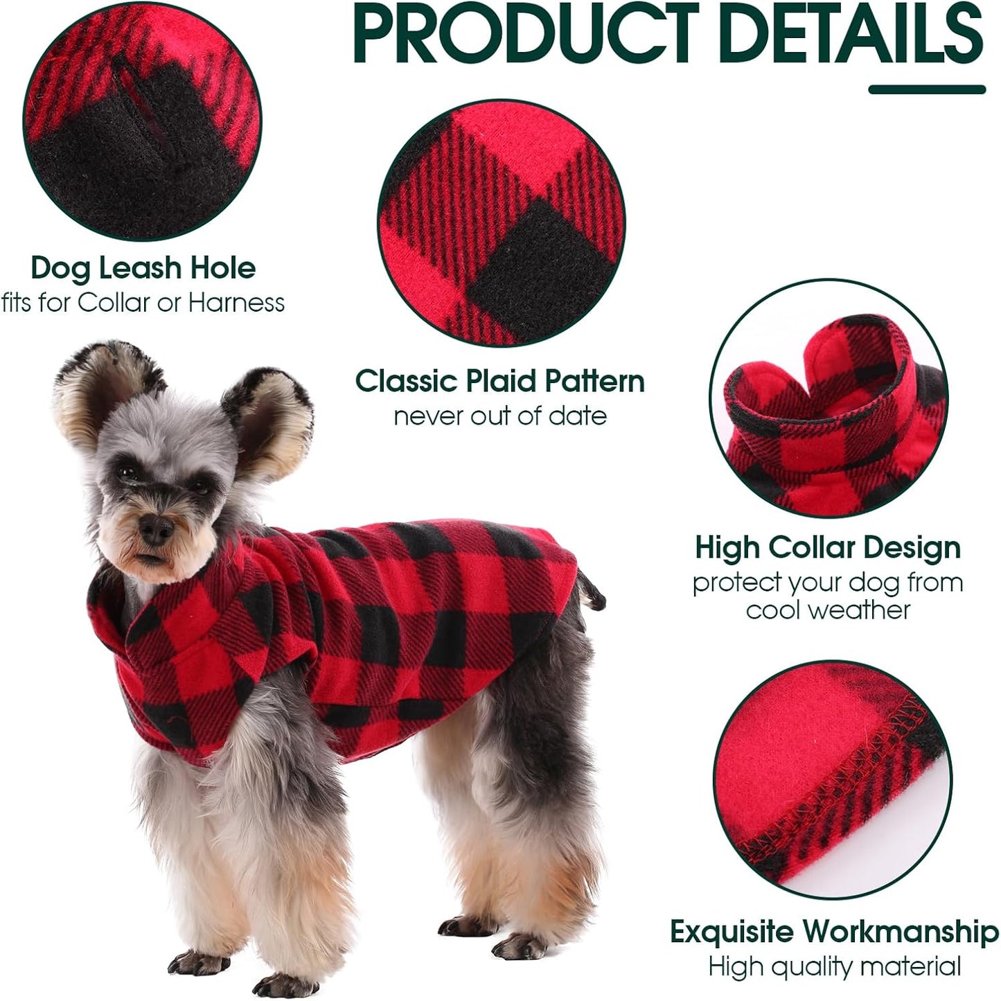 Kuoser Dog Fleece Vest,Warm Plaid Dog Sweater with Leash Hole,Soft Turtleneck Winter Pet Jacket Dogs Coat Pullover Clothes for Small Medium Dogs Cats,Spring Fall Cold Weather Christmas Outfit,Red XS