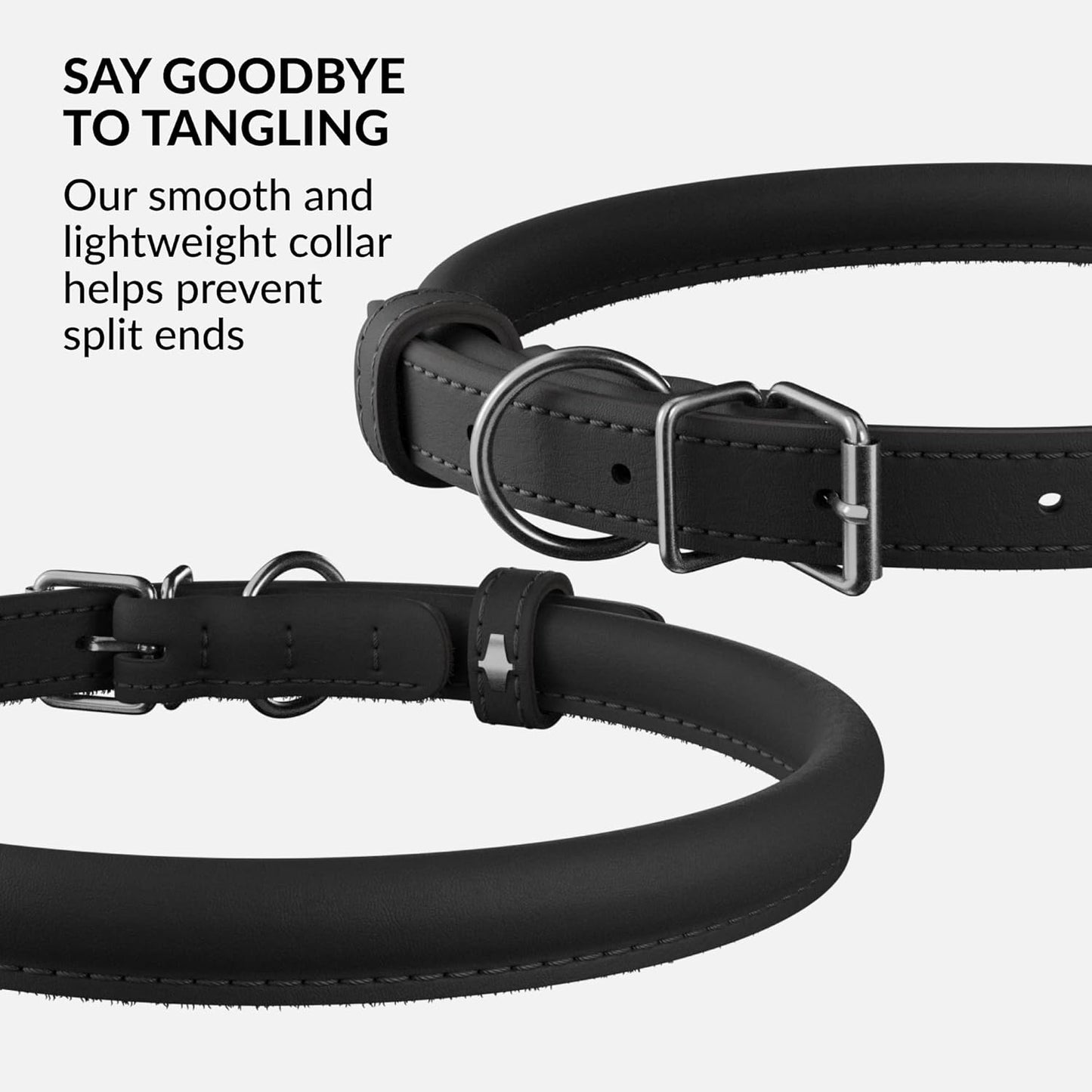 CollarDirect Rolled Leather Dog Collar, Soft Padded Round Puppy Collar, Handmade Genuine Leather Collar Dog Small Large Cat Collars 13 Colors (6-7 Inch, Black Smooth)