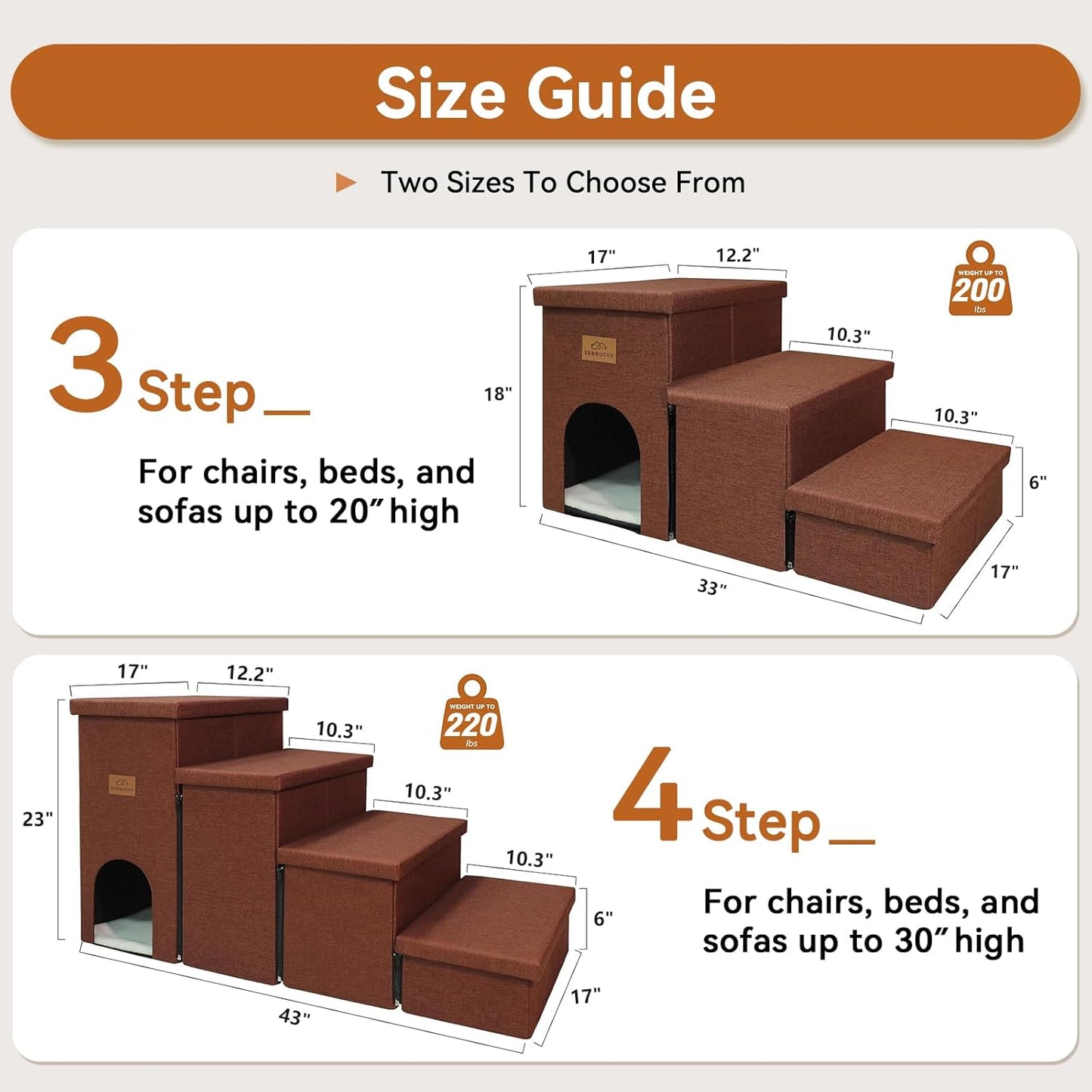 Dog Stairs with Condo 23" H, 4-Step Wider Dog Steps for High Beds Window, Folding Storage Pet Stairs Gift for Small/Medium/Large Old Dogs Cats, Ramp for Climbing Car Hold Up to 200 lbs, Brown