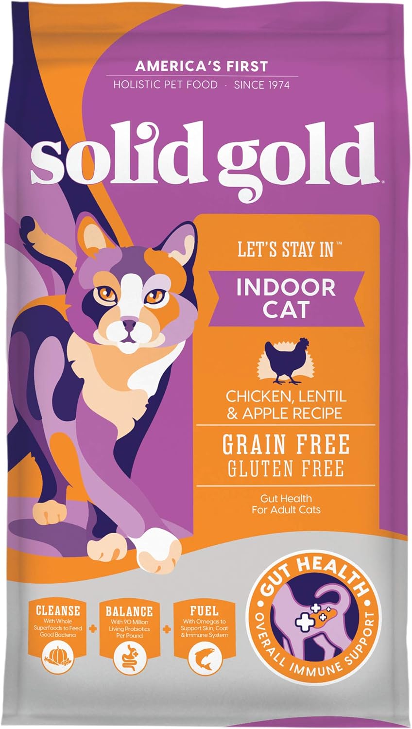 Solid Gold Indoor Dry Cat Food - Grain Free & Gluten Free - Chicken Cat Food Dry Kibble for Indoor Cats w/Probiotics & Fiber for Gut Health - Sensitive Stomach & Hairball Support for Adult Cats - 3LB
