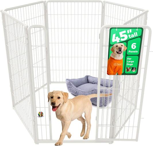 FXW Homeplus Unleashed Indoor Dog Playpen - Stress-Free and Safe Play, Heavy Duty 45 Inch 6 Wire Panels Dog Pen for Large Dogs, White│Patented