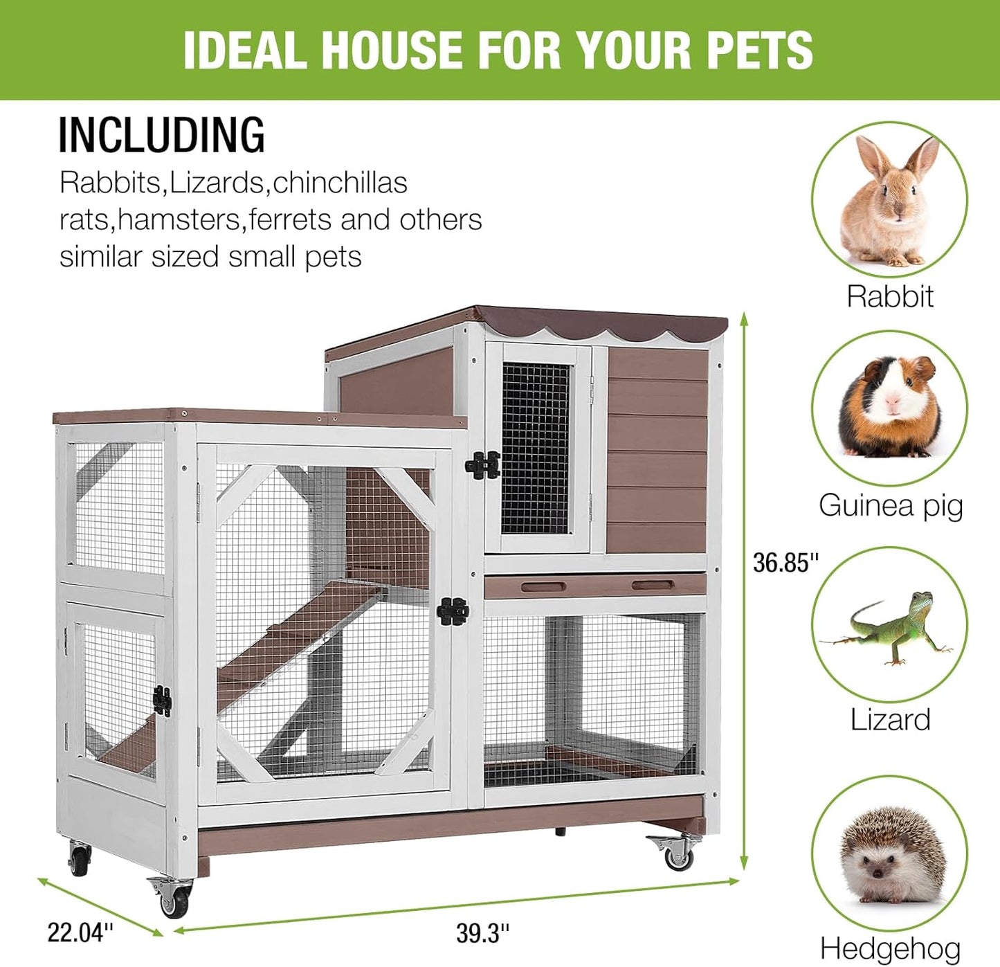 Rabbit Hutch Outdoor Indoor,Two Story Wooden Bunny Cage with Casters,Guinea Pig Cage for Small to Medium Animals with Waterproof Roof and Leakproof Tray