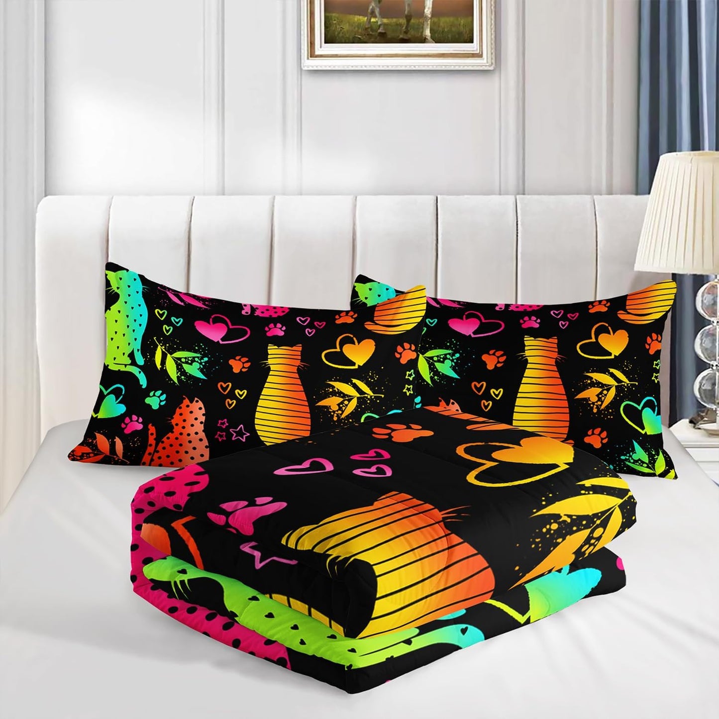 Kawaii Cat Animal Comforter 3Pcs Full Lovely Pet Cat Bedding Set for Kid Teen Girl Boy Adult Room Decor Cartoon Kitten Paw Heart Bamboo Leaf Pattern Quilt with 1 Comforter and 2 Pillowcases