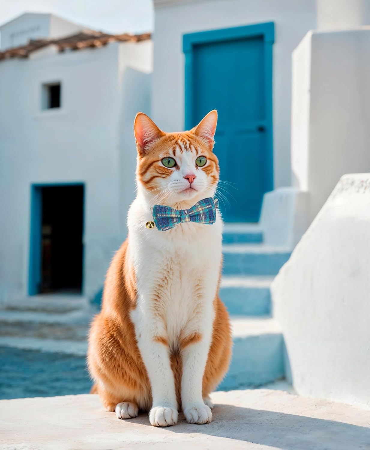 2 Pack Soft Cotton Cat Collars with Bowtie and Bell Breakaway Plaid Cat Kitten Collar(Ocean Blue and Mocha Tweed)