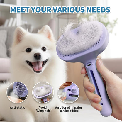 3 in 1 Steam Cat Brush for Shedding - Self-Cleaning Dog Grooming Tool for Long and Short Hair Pets - Removes Static, Flying Hair, and Loose Fur (Purple)