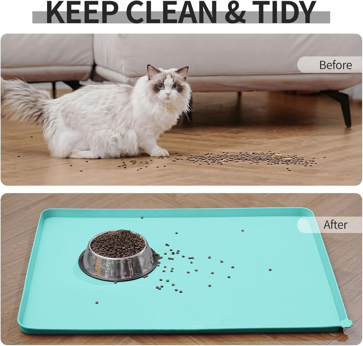 Waterproof Pet Feeding Mat with High Raised Edges, Heavier and Thicker Placemats for Cat Dog Water Bowl with BPA Free, Dogs Cats Food Mats for Messy Drinkers to Prevent Spill and Protect Floors