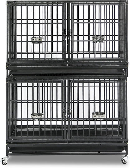 Homey Pet 43 inch Dog Crate Stackable Heavy Duty Dog Kennel Indoor Dog Grooming Cage with Detachable Divider, Removable Tray, Wheels, Feeding Bowls (2 Tiers)