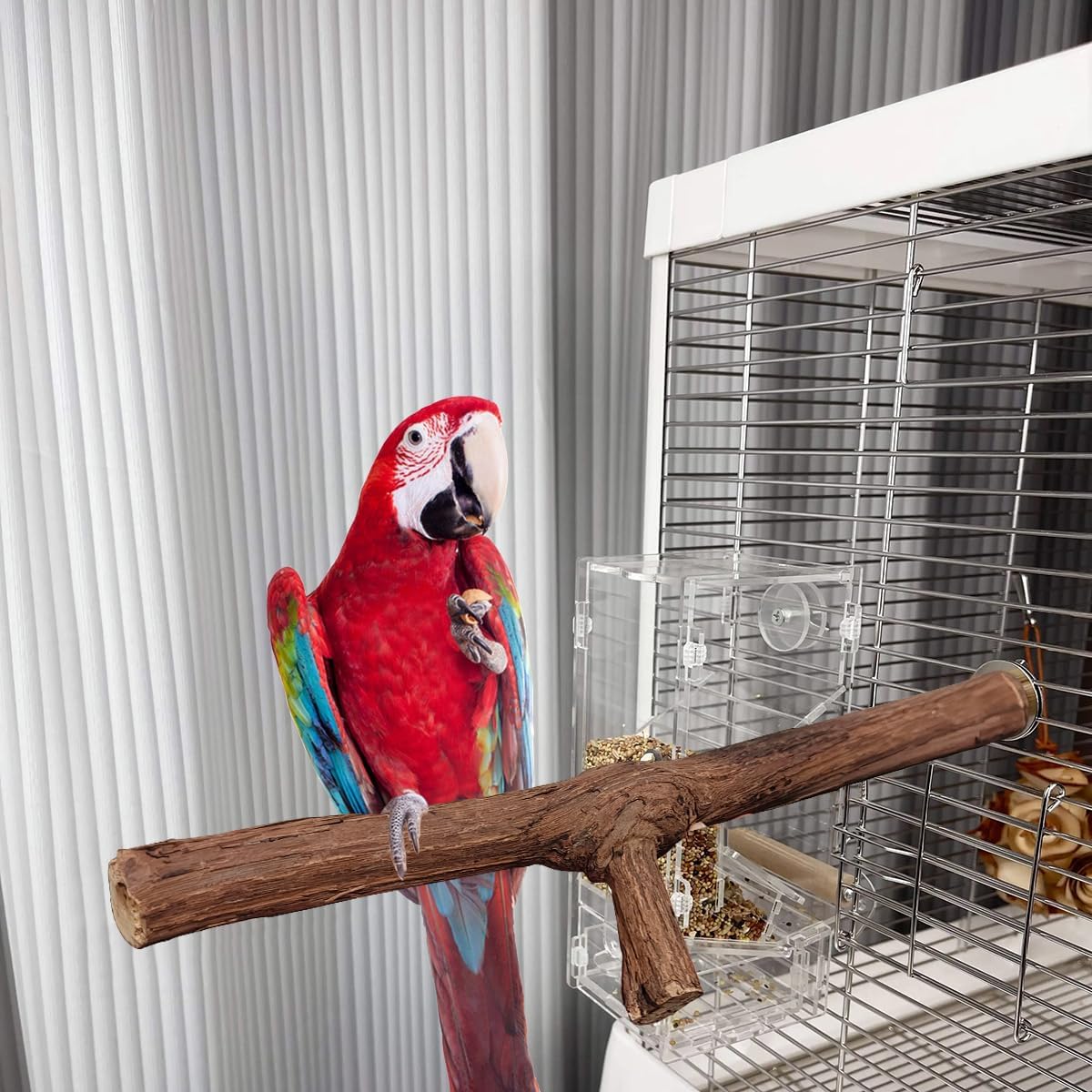 4 Pcs Natural Wooden Bird Perch Parrot Stand, 2 Grape Wood Perches, A Stand Fork Standing Branch, A Paw Grinding Fork, Bird Cage Accessories for Parakeets, Birdcage Sticks & Toys for Budgies, Finches