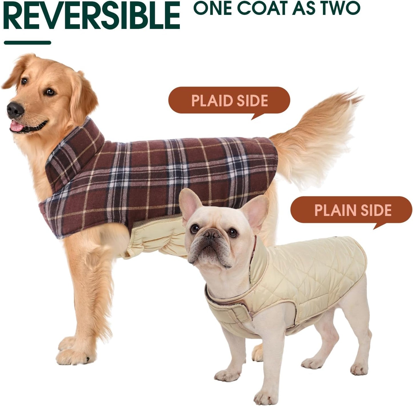 Kuoser Warm Dog Coat, Waterproof Dog Jacket for Extra Large Dogs, Adjustable Durable XXL Doggie Winter Coat Reversible Puppy Cold Weather Apparel from Small to Large Breed, Brown XXL