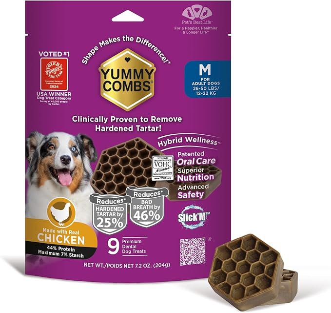 Yummy Combs Dog Dental Treats – Vet VOHC Approved, Removes Tartar & Cleans Teeth – Yummy High Protein Chicken Treat for Medium Dogs (Mini Pack, 9 Count)