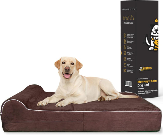 KOPEKS Orthopedic Memory Foam Dog Bed 7" Inch Thick Extra Large Dog Bed With Pillow Brown 50"x34"x10" Includes Waterproof Liner & Durable Removable Cover With Smart Design