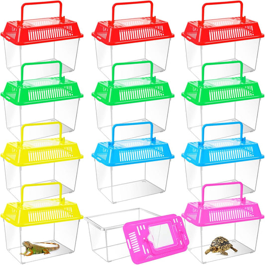 12Pcs Plastic Reptile Terrariums Carrier Cage, Tarantula Enclosure Snake Breeding Box Hatching Container Transparent Fish Tank Turtle Aquarium with Random Color Lid for Shrimp, S(5.9" x 3.5" x 4.3")