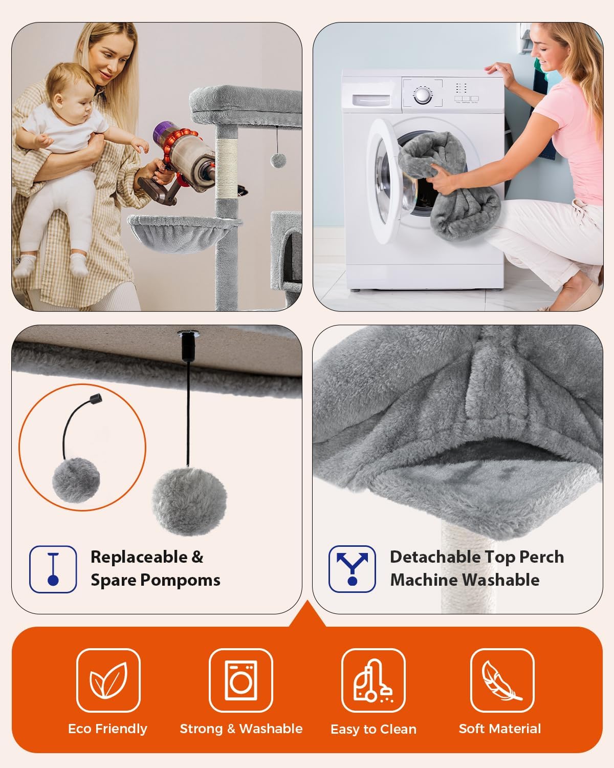 PETEPELA 56.3'' Tall Cat Tree for Indoor Cats, Multi-Level Cat Tower with Super Large Hammock (20''X16''), Sisal Covered Scratching Posts, Cozy Condo and Top Perch Grey