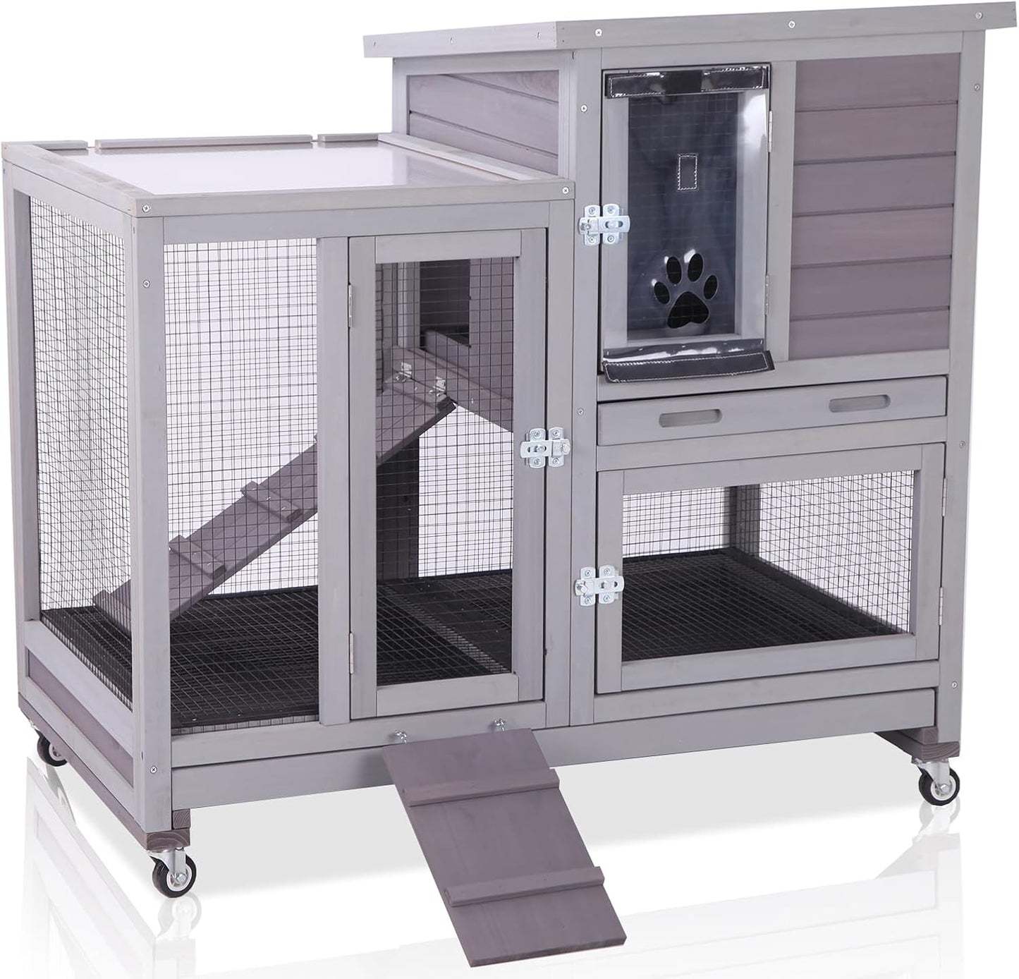 GUTINNEEN Two-Story Rabbit Hutch Large Bunny Cage with Wire Mesh Floor, Leak-Proof Trays, Lockable Wheels for Indoor and Outdoor Use, 40.6" L x 26" W x 37.6" H