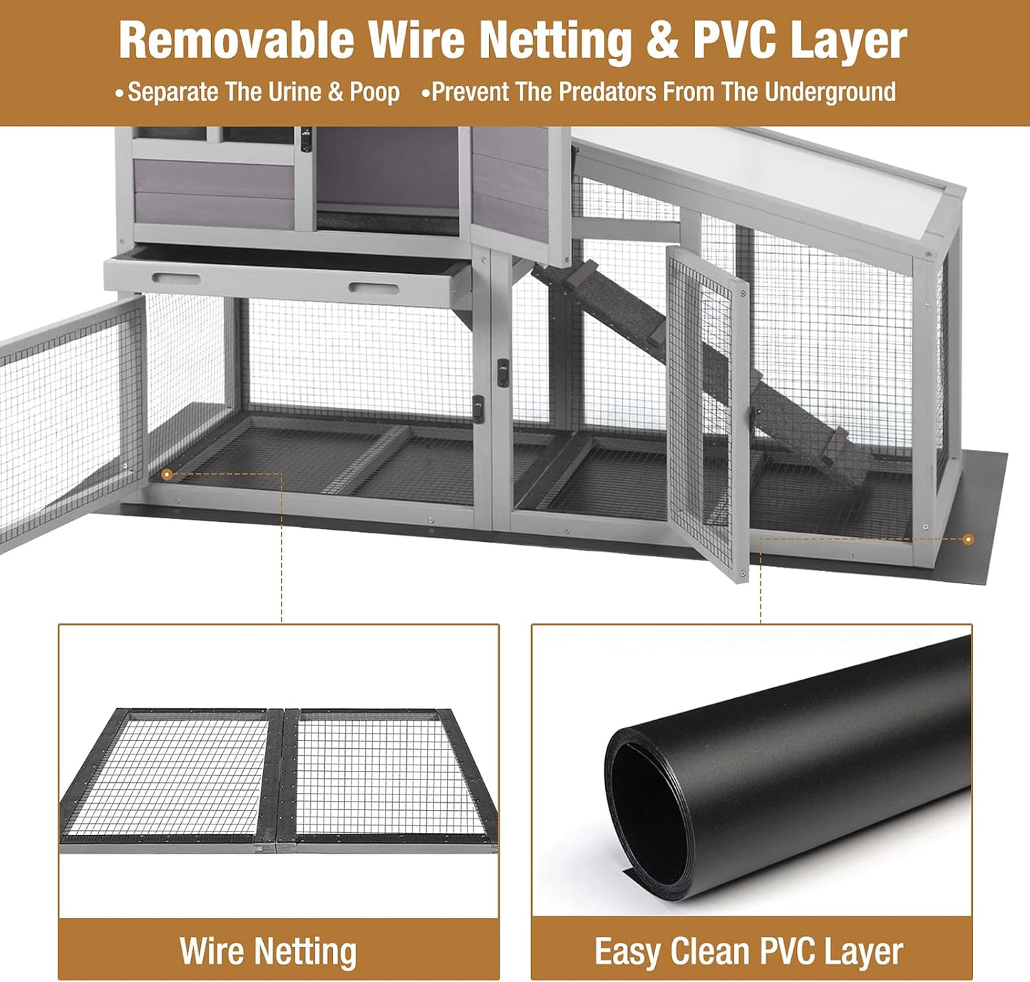 GUTINNEEN Rabbit Hutch for Outdoor Indoor Use, Bunny Cage with PVC Layer and Bottom Wire Netting, Wooden Chicken Coop Rabbit House with UV Roof, Leakproof Tray, Run
