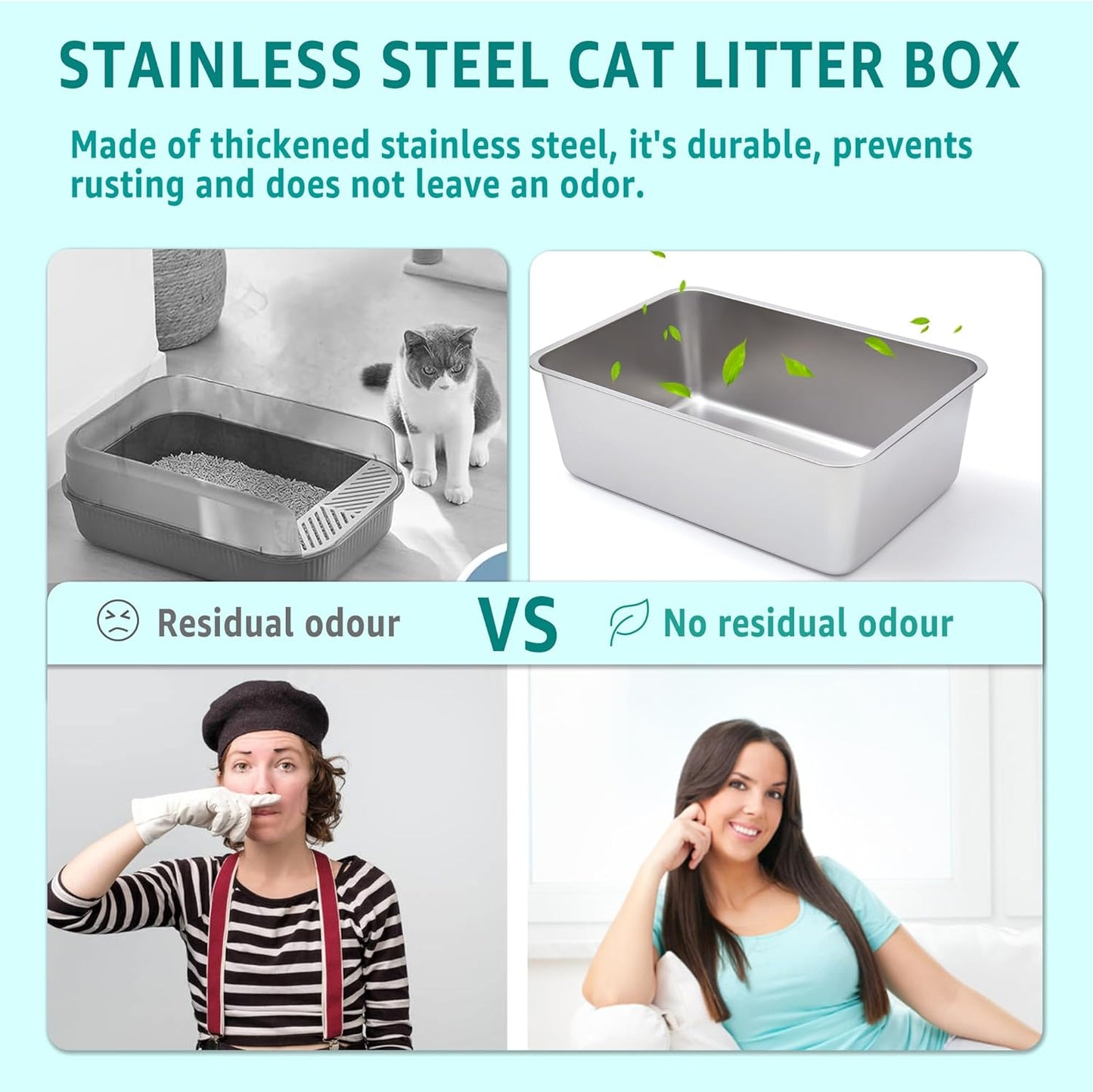 Large Stainless Steel Cat Litter Box-Metal Litter Box for Cats, High Sided Metal Litters Boxes, No Smell, Non Stick, Easy Clean, Odor Proof, Indoor Outdoor