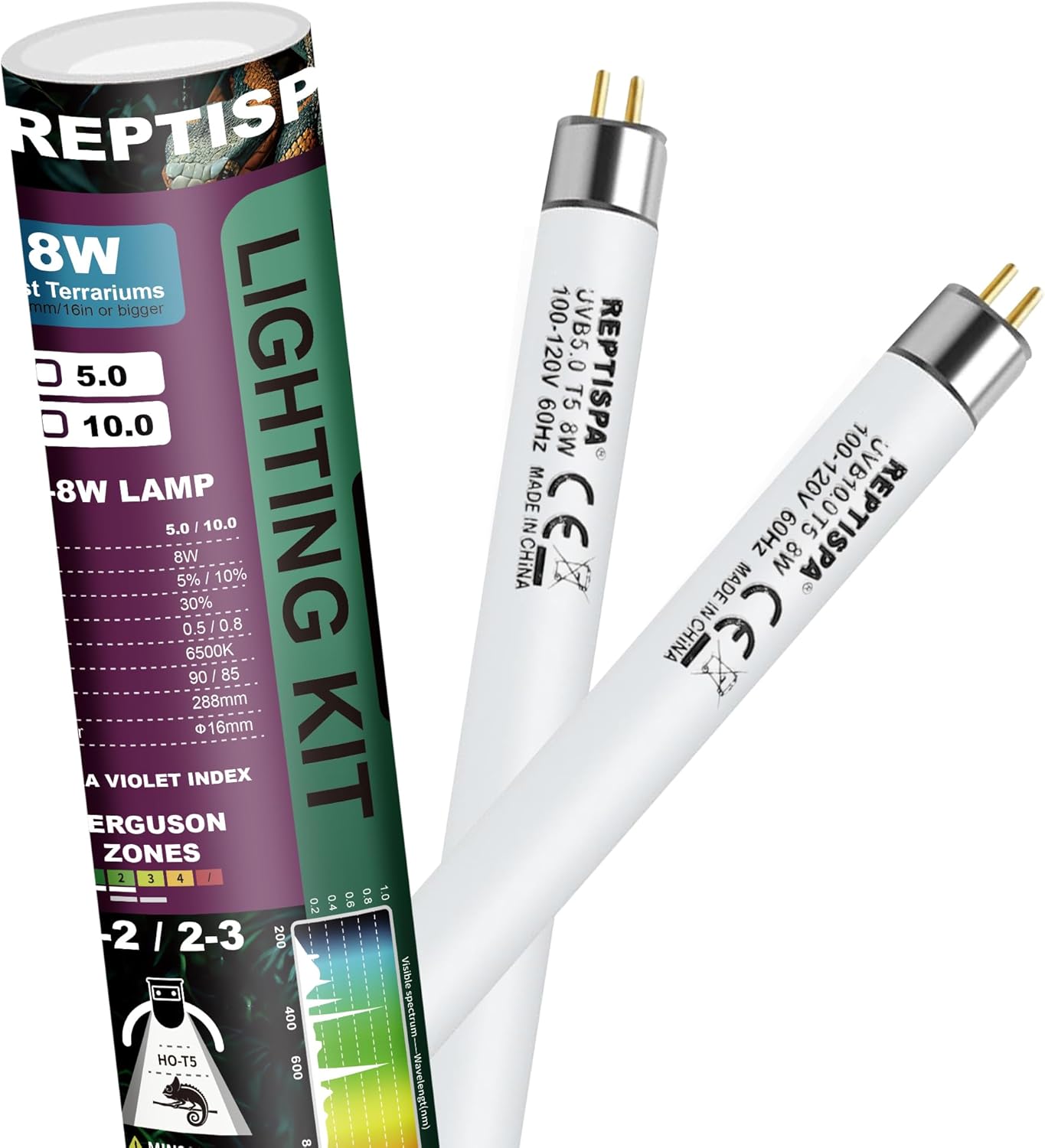 5.0 UVB Light for Reptiles, T5 HO 8 Watt Reptile Lamp Tube, Pack of 2 Fluorescent UVB Bulb, Basking Light for Bearded Dragon, Simulate Natural Sunlight for Reptiles and Amphibians