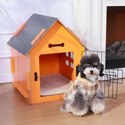 Dog House Indoor for Small Dogs or Cats, Cozy Wooden Design, Small Indoor Bed House, with Air Vents and Elevated Floor Warm Dog Cave (Orange)