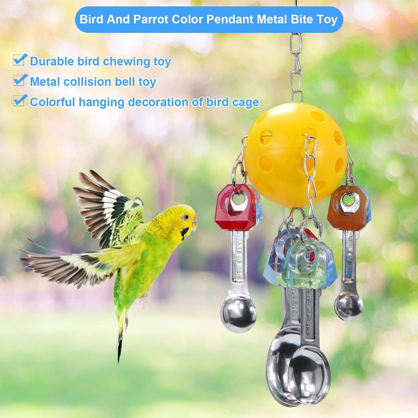 Litewoo Bird Chew Toy with Metal Spoons Ball Chewing Toy Hanging Swing for Parrot Macaw Cage Accessory