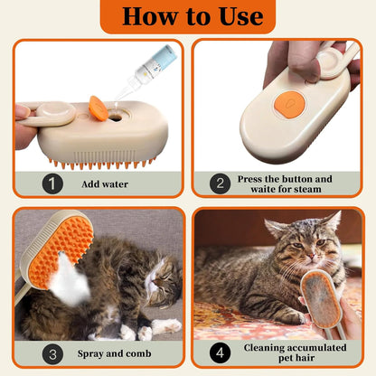 4-in1 Cat Steam Brush for Shedding & Grooming, Spray Hair Removal Comb with 2 Waterless Shampoo, Cat Brush for Massage, Pet Grooming Comb Hair Removal Tool for Cats and Dogs