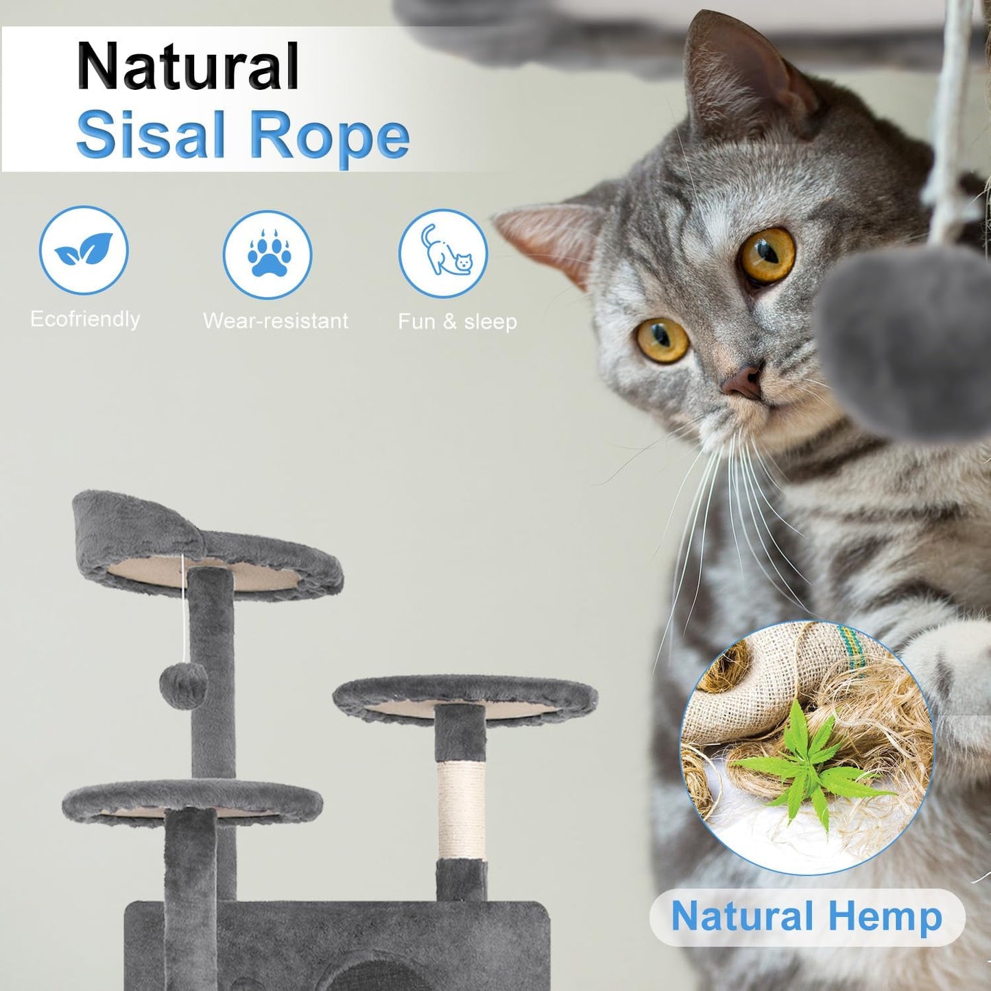 FDW Cat Tree 54in Cat Tower Multi-Level Durable Cat Scratching Post & Cozy Fun Cat Jumping Platform Space Saving Cat Condo Pet Play House for Indoor Cats,Light Gray