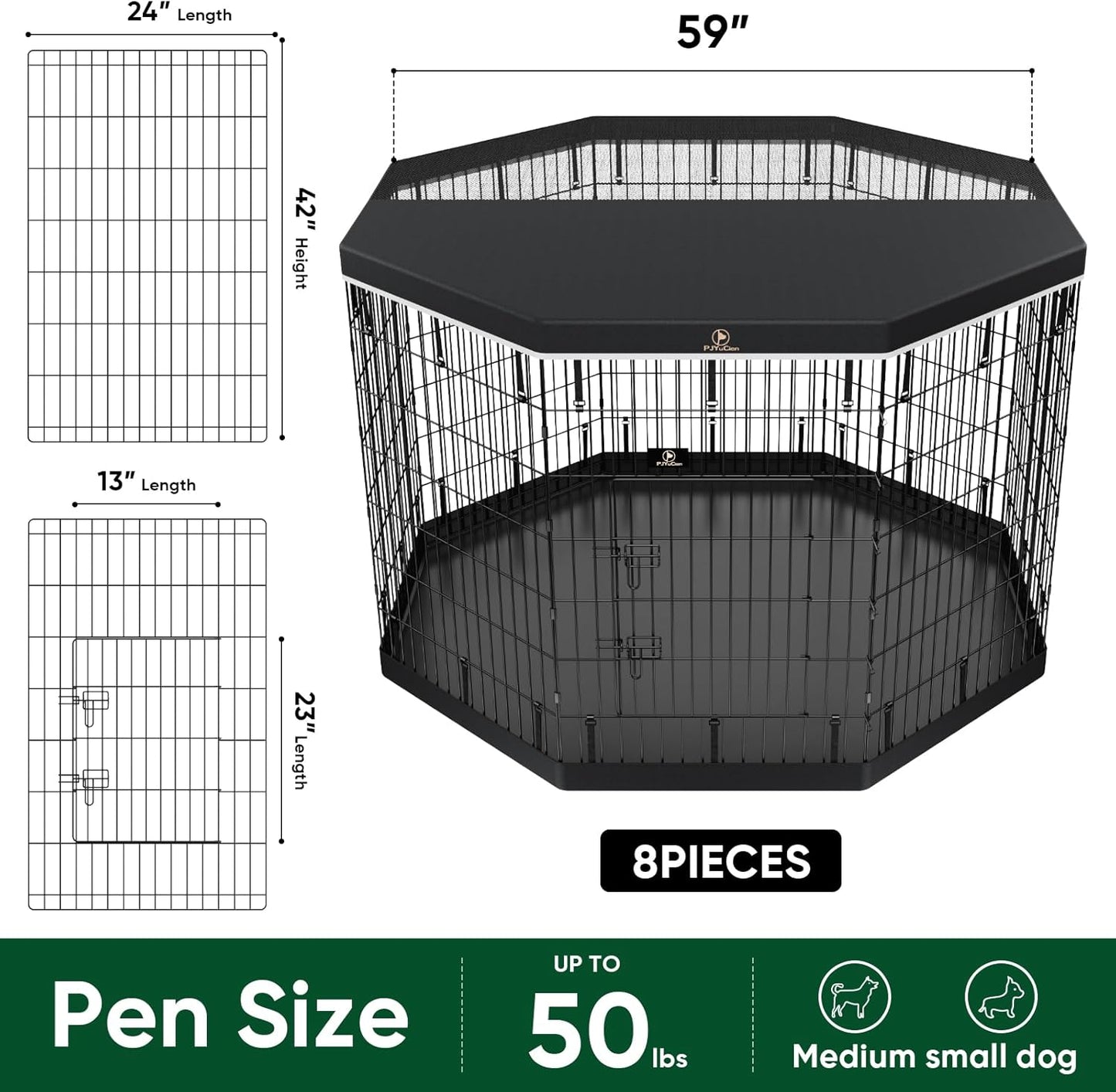 PJYuCien Dog Playpen, 8 Panels 42’’H Dog Pens Indoor with Bottom Pad and Top Cover, Metal Foldable Pet Puppy Exercise Fence Crate Kennel, Better for Medium and Big Animals,Black