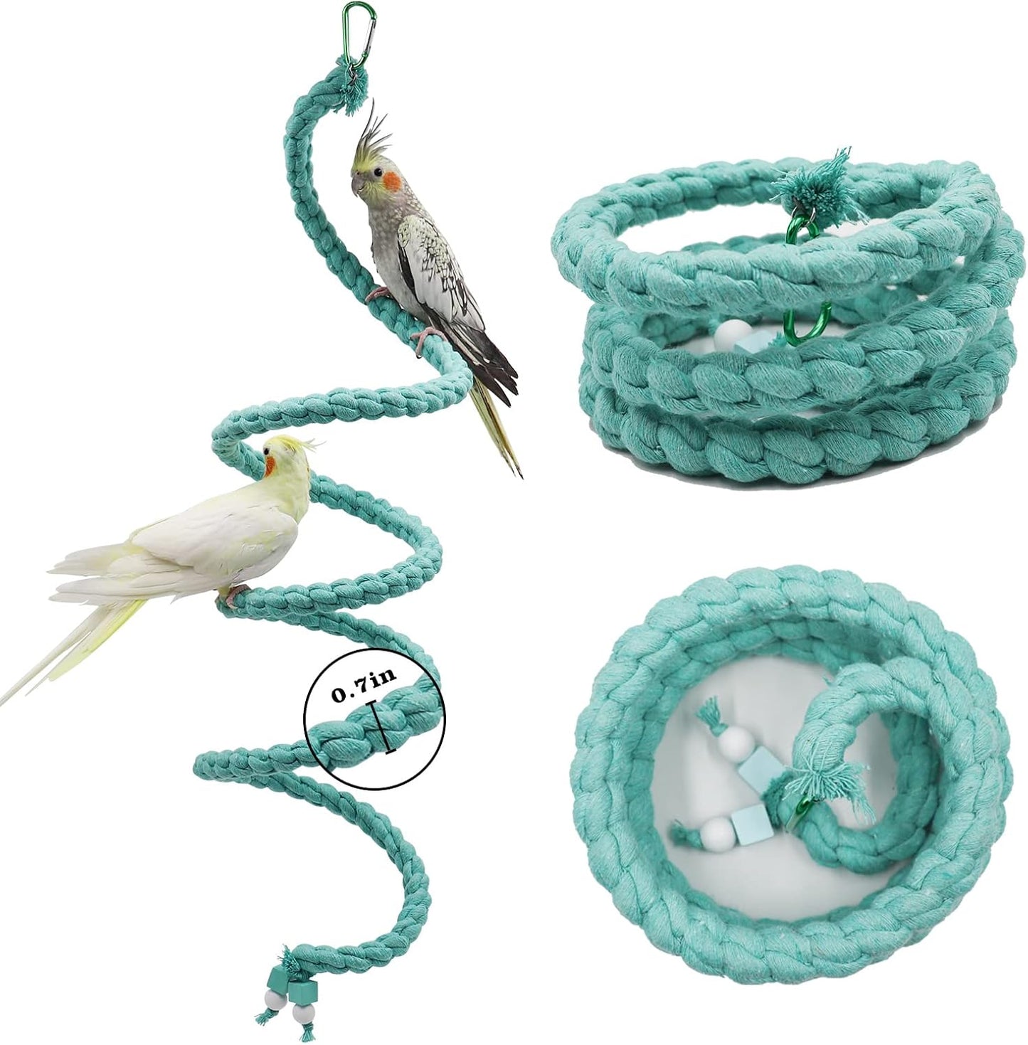 Dnoifne 78.7 Inches Bird Spiral Rope Perch, Blue Cotton, For Parrot, Parakeet, Budgie, Lovebird, Cockatiel