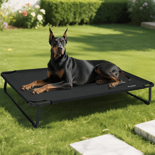 Cooling Elevated Dog Bed, Raised Outdoor Dog Bed Waterproof Pet Beds Cots Stable and Easy Assembly, Teslin Fabric with 1.2mm Thick Iron Frame, Breathable, Ultra-Sturdy，Black, 48 * 32 * 8.7
