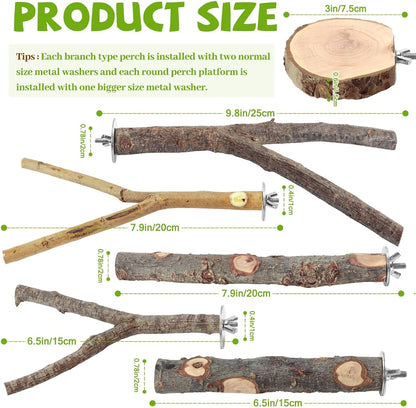 Natural Wood Bird Perches for Cage, Parrot Perch Stand & Platform, Bird Cage Accessories for Parakeets, Cockatiels, Conures, Lovebirds (Brown, Deluxe Playground Set - 12PCS)