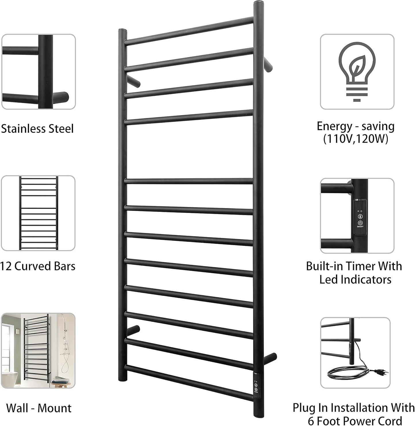KEG Towel Warmer Wall Mounted with Built-in Timer 12 Bars Electric Stainless Steel Heated Towel Racks for Bathroom, Hot Plug-in Bath Towel Heater Matte Black
