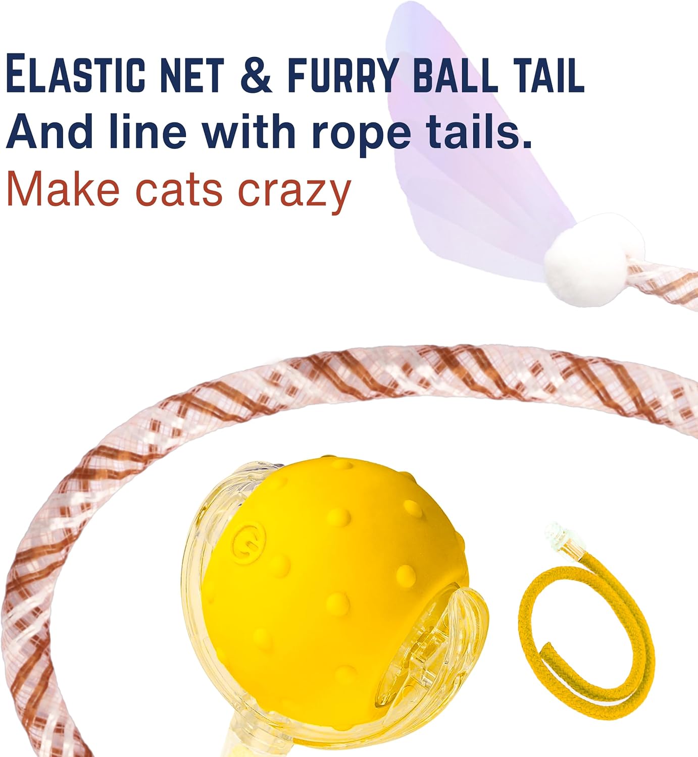 Interactive Cat Toy LED Rolling Ball — Motion-Activated, USB-C Rechargeable, 3 Play Modes, Replaceable Tails — Quiet Automatic Ball for Indoor Cats & Kittens — Safe & Durable (Yellow)