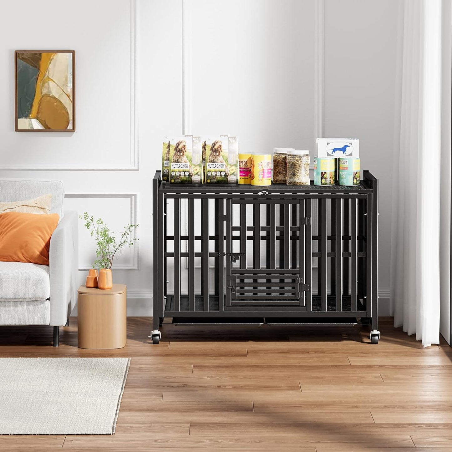 Upgraded 43.8 inch Heavy Duty Dog Crate, Reinforced Thickened Steel Frame Indestructible Kennel for Large & High Anxiety Dogs, Escape Proof Design with 3 Doors, 4 Lockable Wheels and 2 Removable Trays