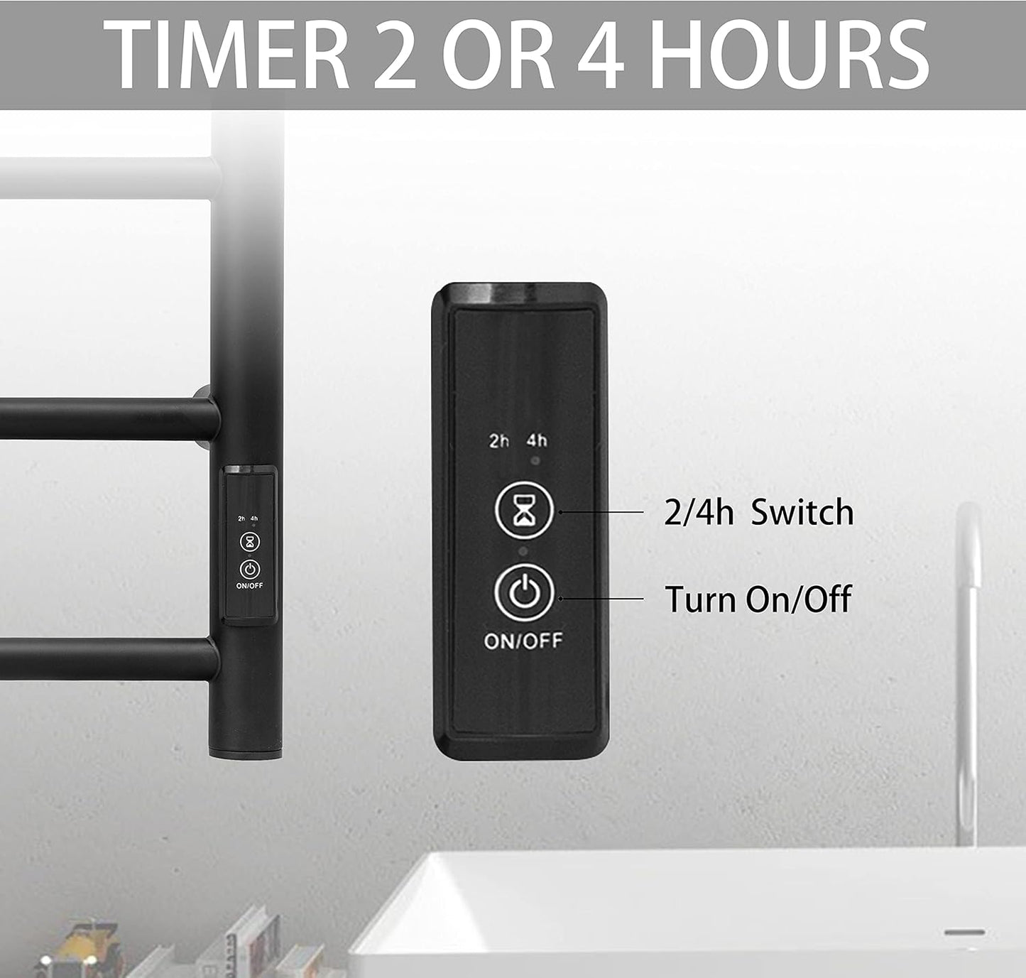 KEG Towel Warmer Wall Mounted with Built-in Timer 4 Bars Electric Stainless Steel Heated Towel Racks for Bathroom, Hot Plug-in Bath Towel Heater Matte Black