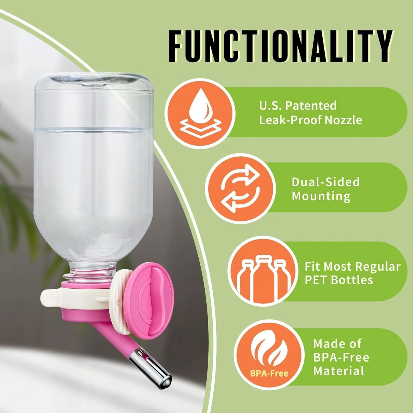 Choco Nose Patented Mini No-Drip Water Bottle/Feeder for Hamsters/Hedgehogs/Gliders/Rats/Mice/Other Small Pets and Animals - for Cages, Crates or Wall Mount. 10.2oz. Nozzle 10mm, Pink (C125)