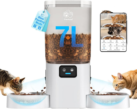 Automatic Cat Feeder with Two HD Camera for 2 Cats: 7L Automatic Dog Feeder with Night Vision & Slow Feed, 5G WiFi Auto Cat Food Dispenser for Multiple Pet, Detachable for Cleaning - 29 Cup