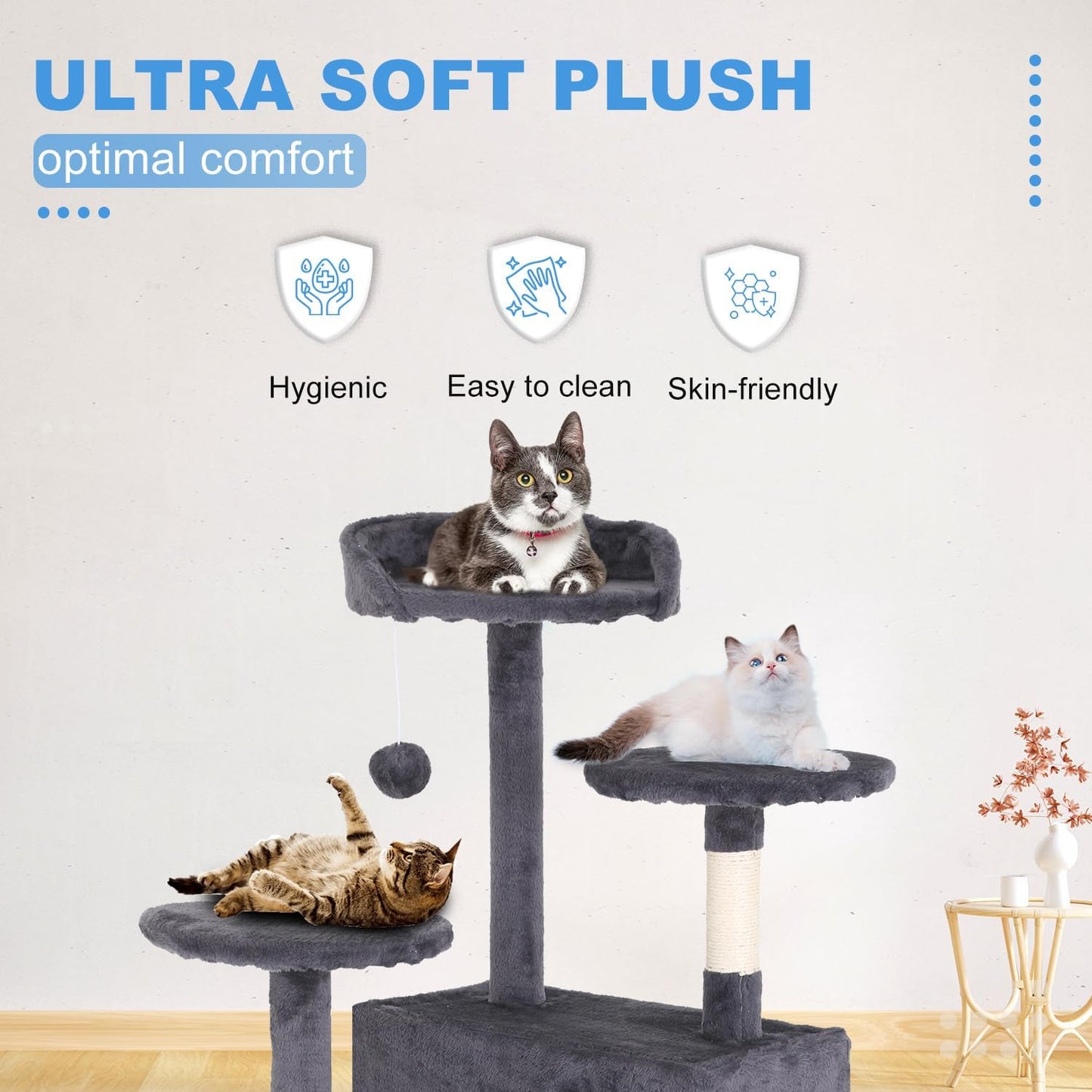 FDW Cat Tree 54in Cat Tower Multi-Level Durable Cat Scratching Post & Cozy Fun Cat Jumping Platform Space Saving Cat Condo Pet Play House for Indoor Cats,Ashy