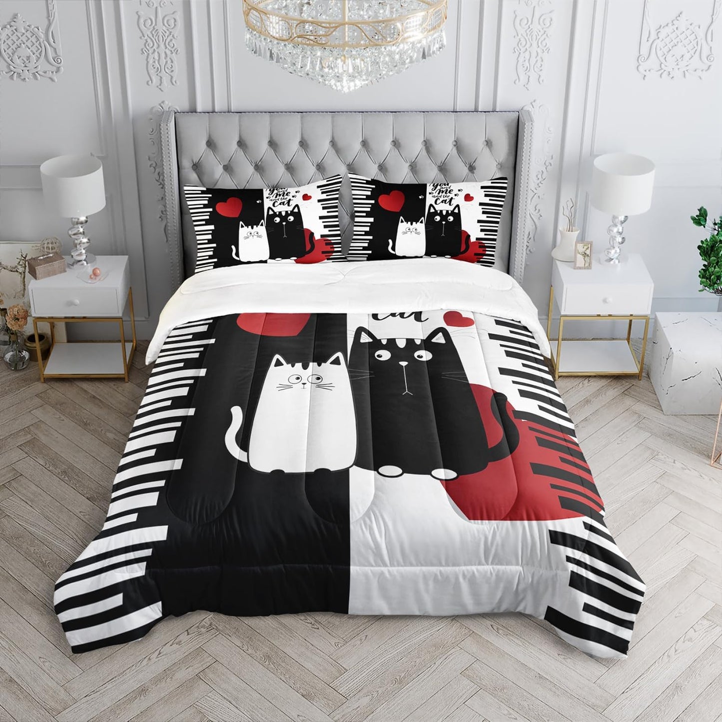 Kawaii Pet Cat Themed Comforter 3Pcs Queen Lover's Kitten Animal Bedding Set for Cat Lover Kid Teen Girl Boy Black White Cat Heart Pattern Quilt Bed Decor with 1 Comforter and 2 Pillowcases