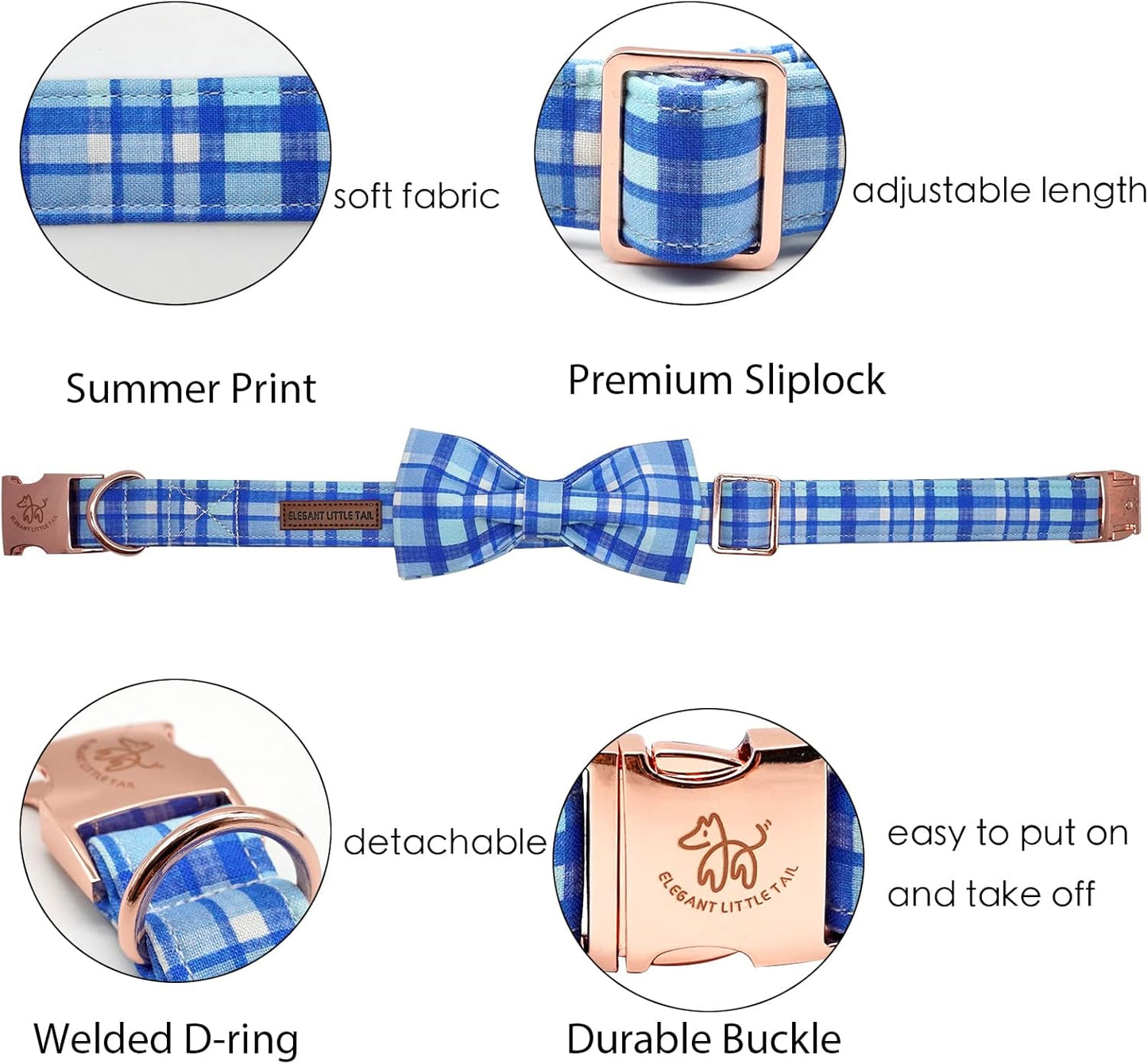 Elegant little tail Dog Collar with Bow - Blue Plaid Boy Dog Collar Cute Bowtie Pet Collar Adjustable Dog Collar for X-Small Puppy and Cat