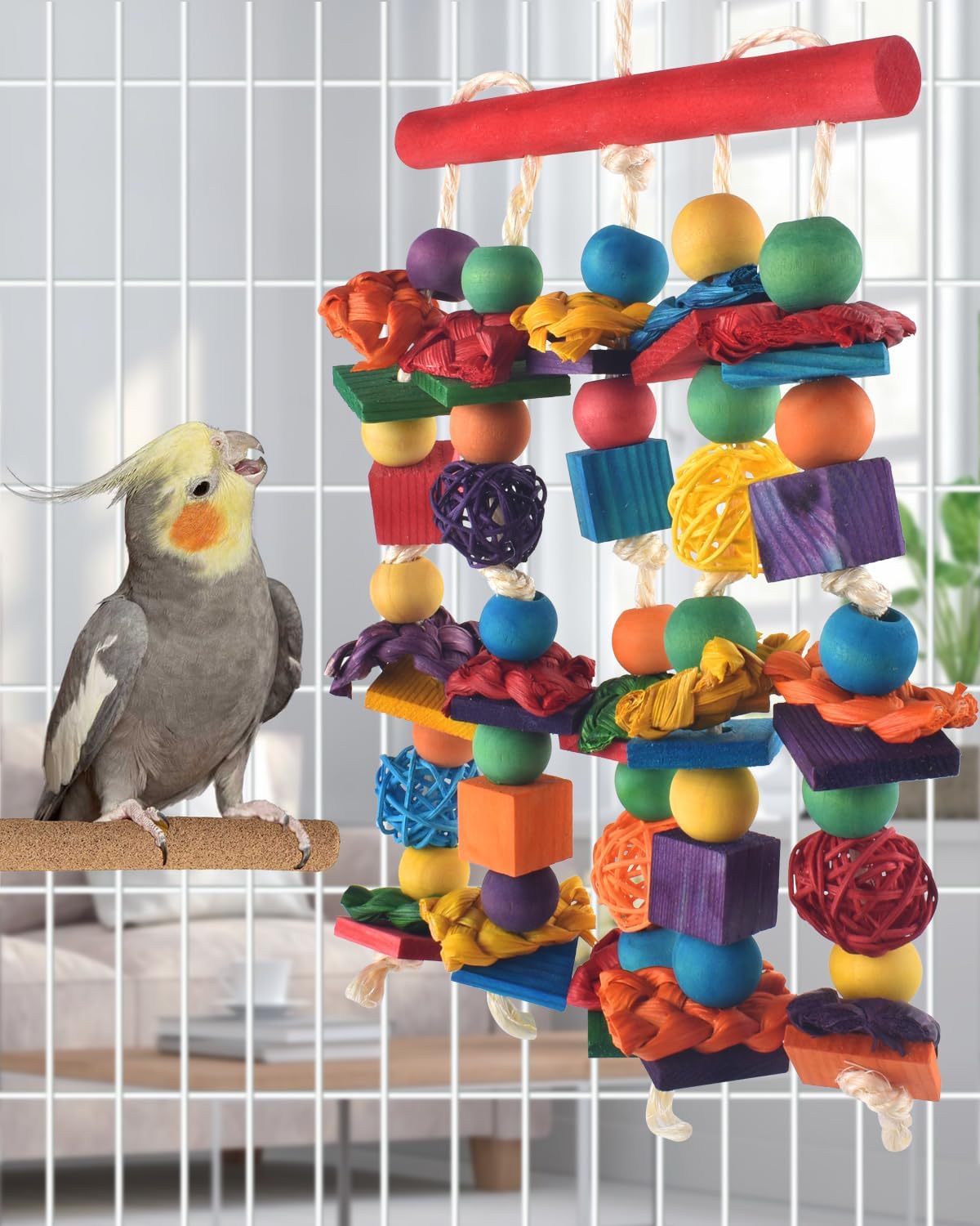 Bird Toys, Parakeet Chewing Toy, Multicolored Natural Wooden Blocks Birds Parrot Tearing Toys mit Rattan Wicker Balls, for Medium Small Macaw Cockatoos Budgie Lovebird Cockatiel Conures