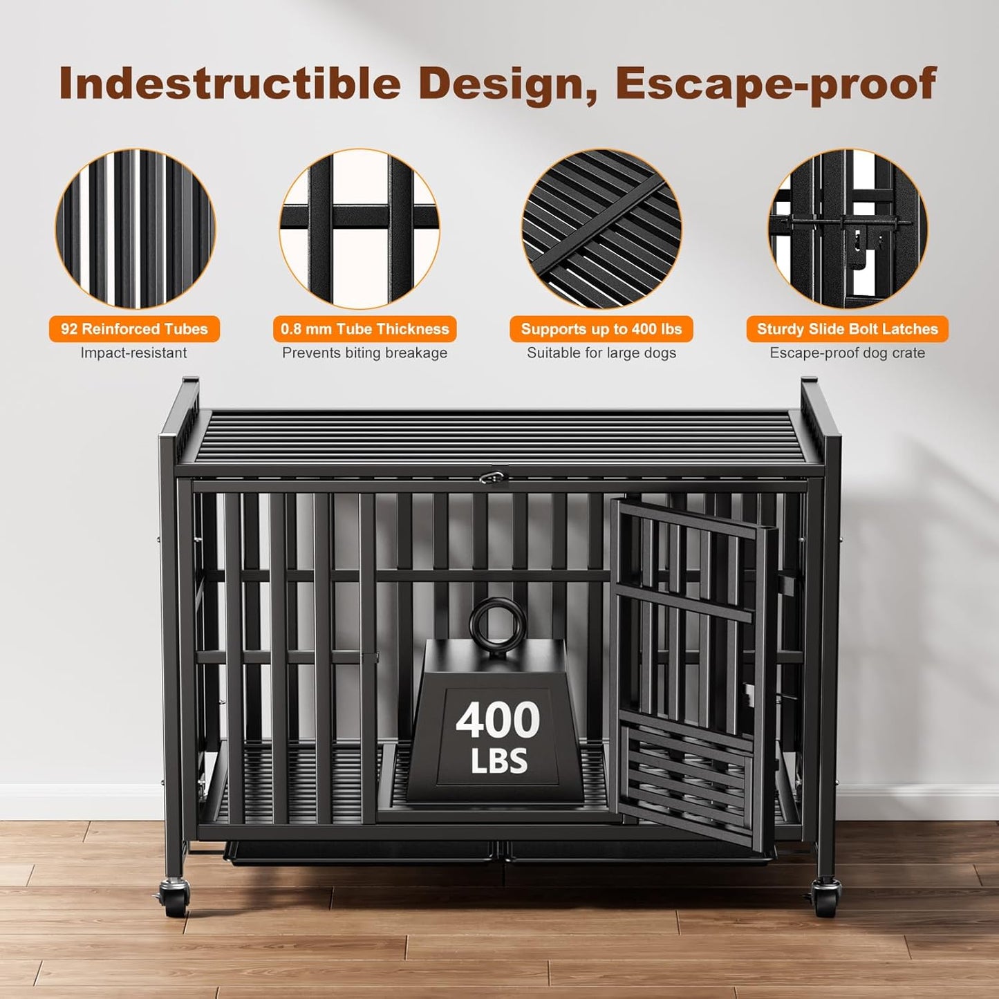 Upgraded 43.8 inch Heavy Duty Dog Crate, Reinforced Thickened Steel Frame Indestructible Kennel for Large & High Anxiety Dogs, Escape Proof Design with 3 Doors, 4 Lockable Wheels and 2 Removable Trays
