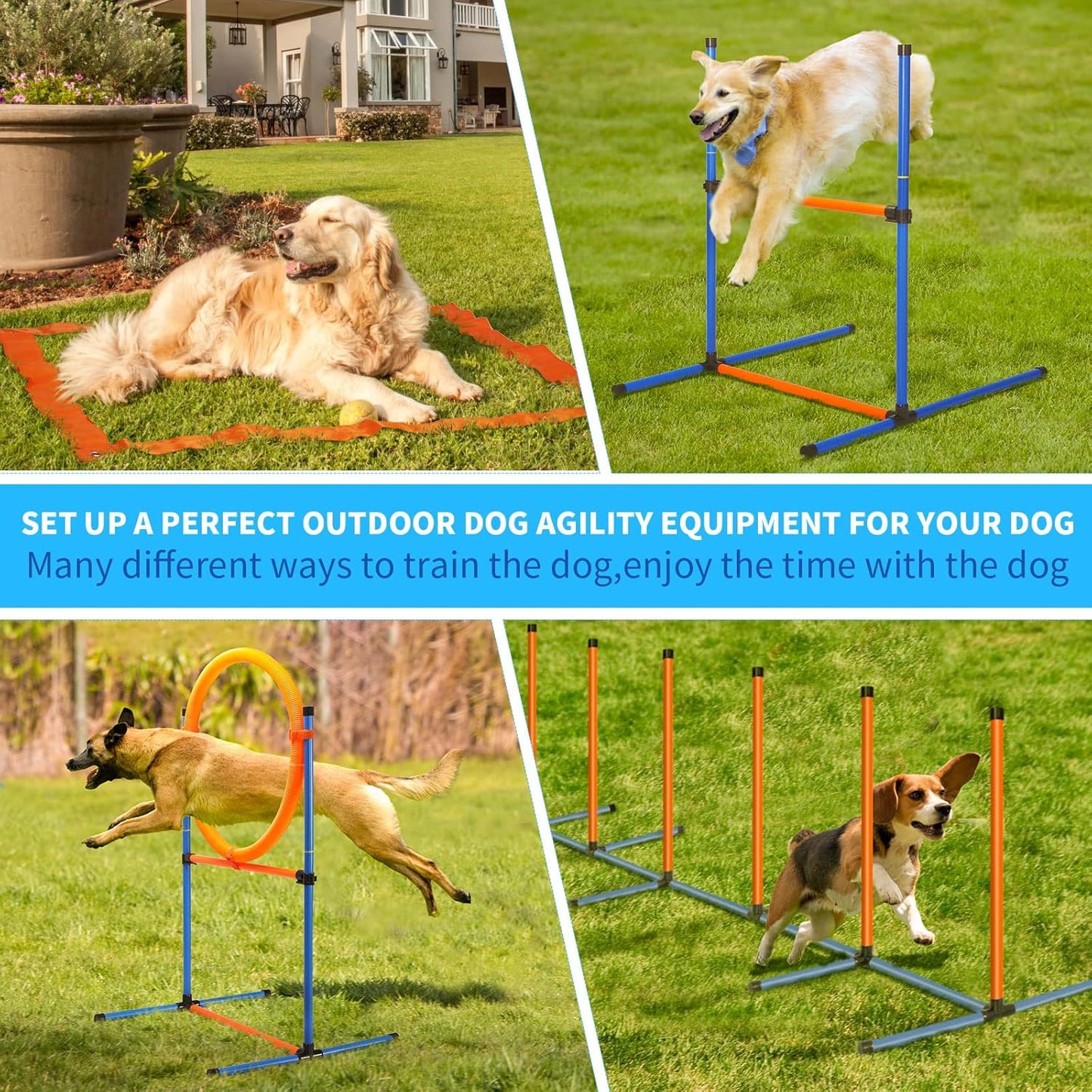 Dog Agility Training Equipment, 72-Piece Obstacle Course Training Starter Kit Indoor Outdoor Game for Dogs with Agility Hurdle, Jump Ring, Weave Poles, Pause Box, Toy Balls and Storage Bag