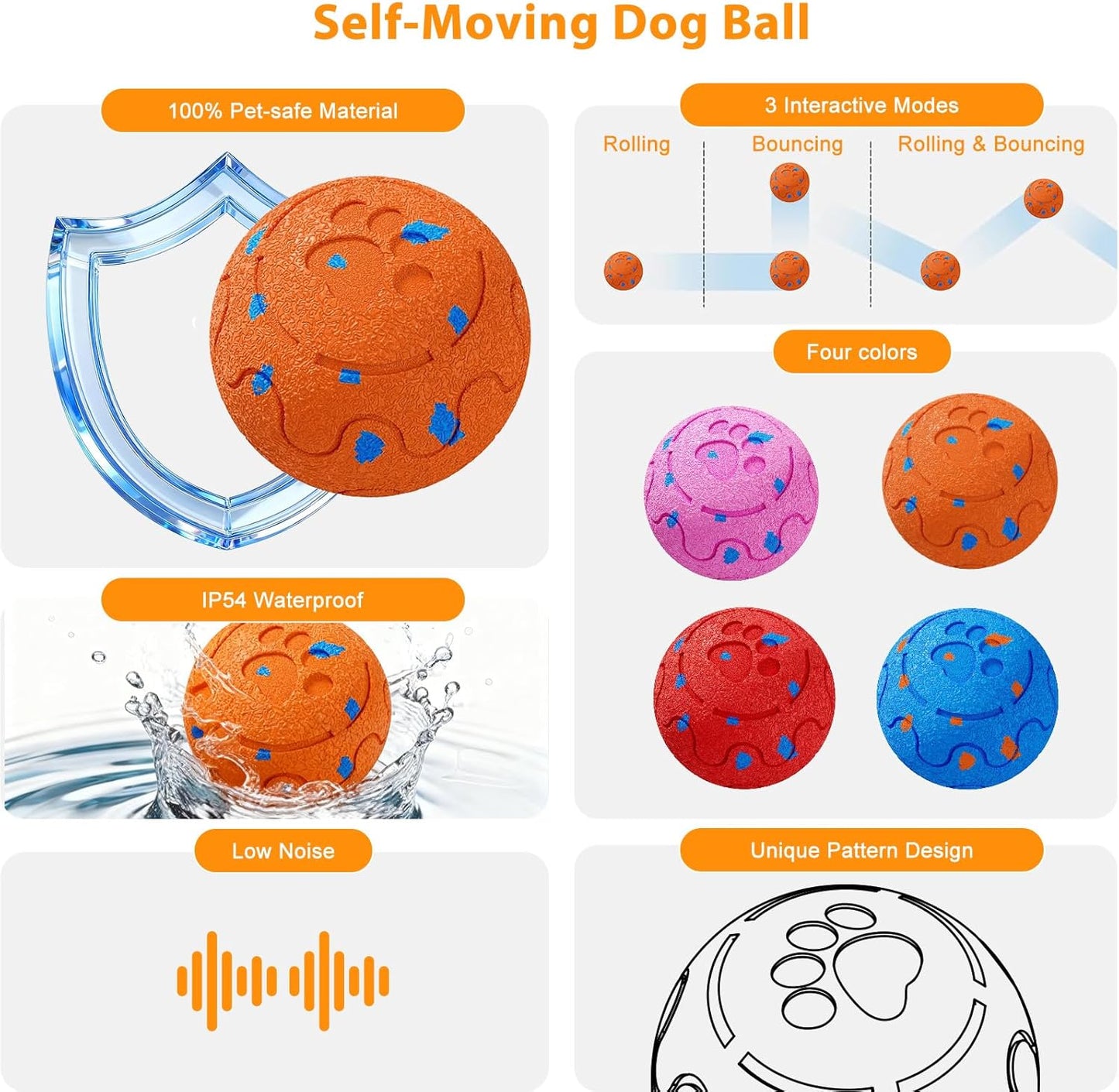 Dog Balls: Interactive Dog Ball, Self-Moving Dog Toy with Auto-Rolling & Bouncing, E-TPU Material, IP54 Waterproof, Motion-Activated, for Small/Medium/Large Dogs (Orange)