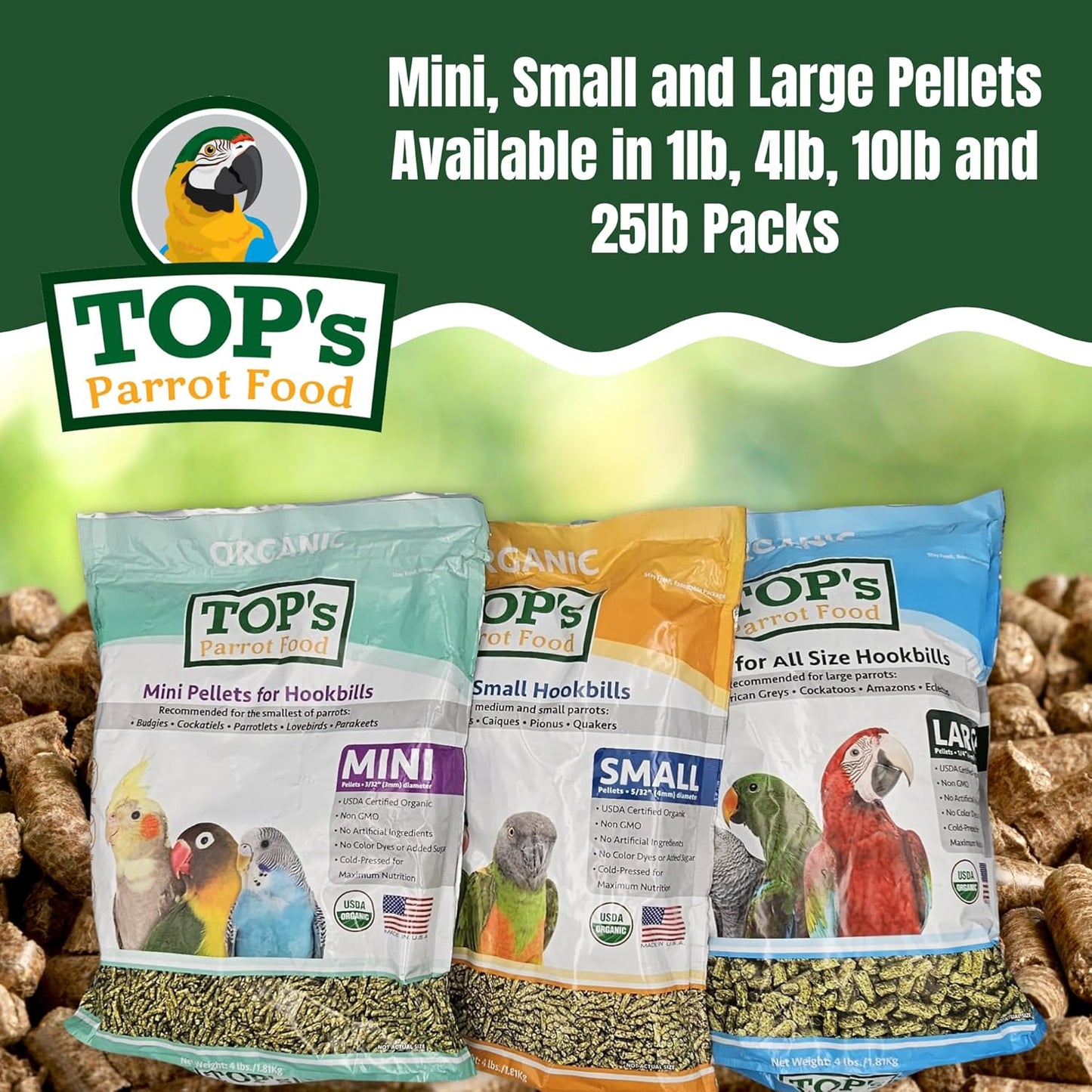 TOP's Parrot Food Mini Pellets Bird Food for Budgies, Cockatiels, Parrotlets, Lovebirds, Parakeets - Non-GMO, Peanut Soy & Corn Free, USDA Organic Certified - 4LBS