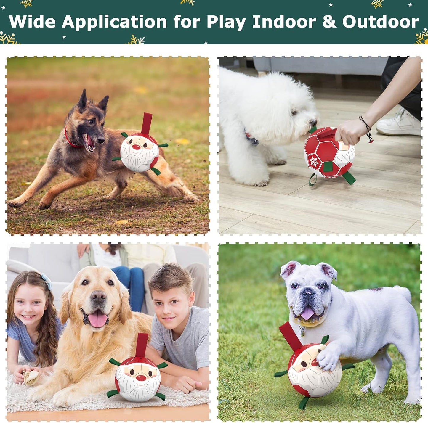 QDAN Christmas Dog Balls with Straps, Soccer Ball for Dogs for Small Medium Breed, Tug Toys for Dog Birthday, 6" Outdoor Dog Toys for Fun