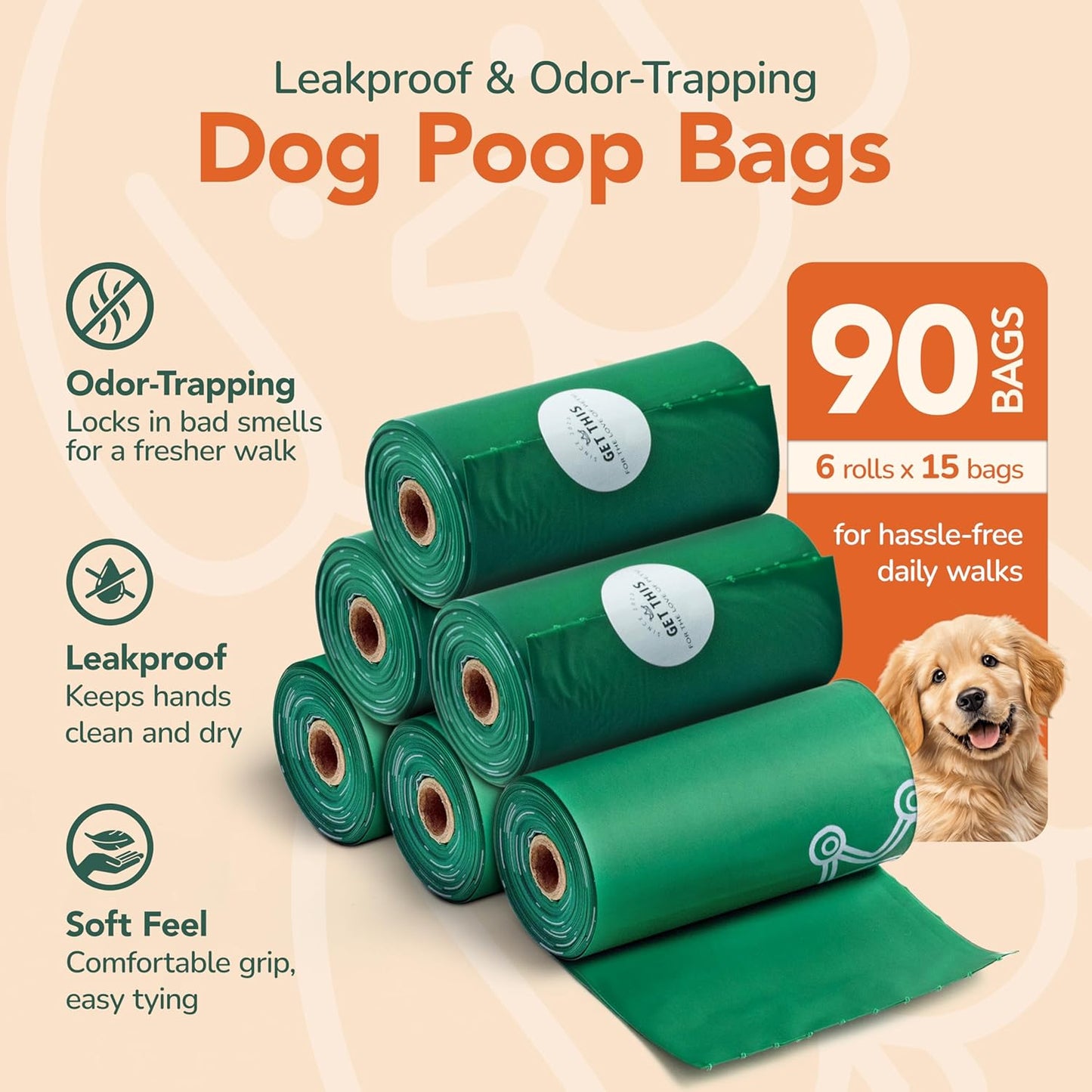 Biodegradable Dog Poop Bag - 90 Dog Waste Bags Total, Leakproof & Odor-Trapping, Durable Doggy Waste Bags – 6 Rolls (15 Pet Poop Bagі Per Roll), 13x9" Environment-friendly Potty Bags