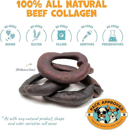 Beef Collagen Chews - Rawhide Free, Long Lasting - 100% Beef Corium, Single Ingredient Dog Treat - Puppy Teething Rings, Natural - 3.5" Rings, Pack of 4